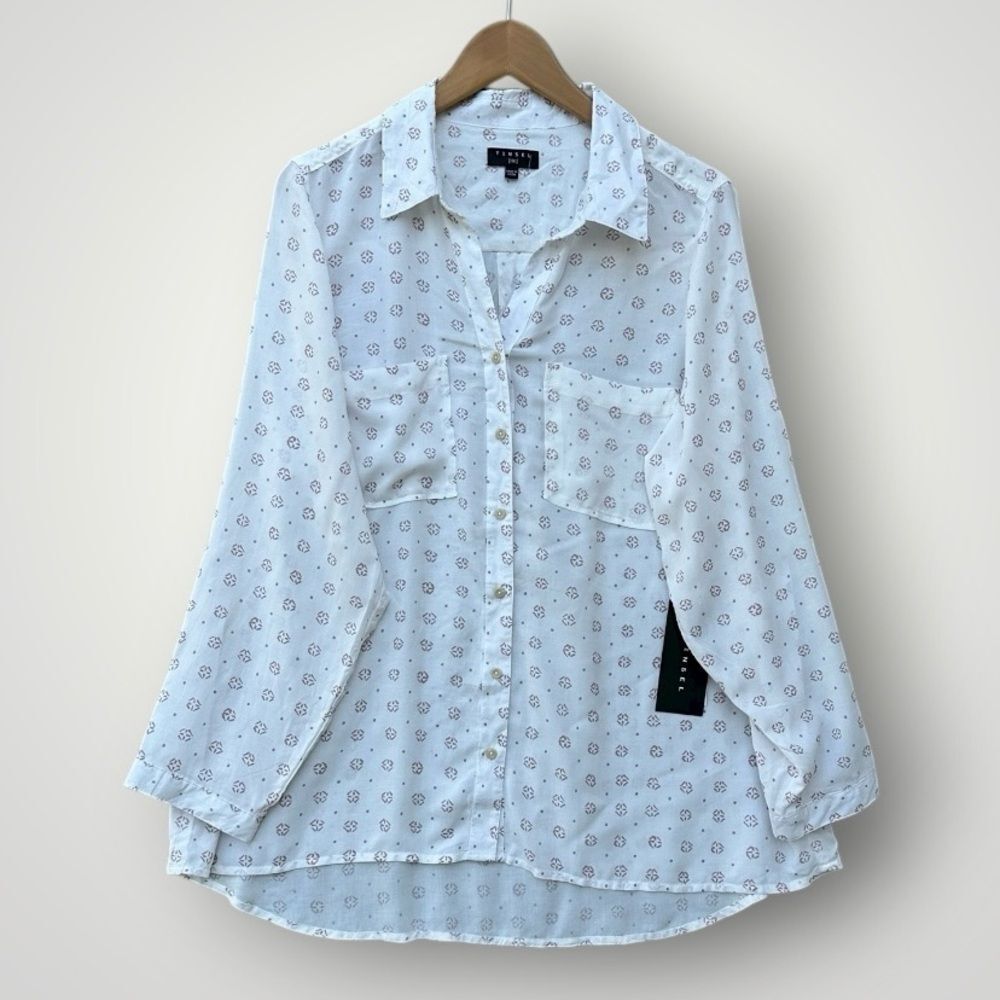 Tinsel White Button-Up Sheer Blouse with Subtle Black Print